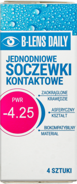 Białe pudełko jednodniowych soczewek B-Lens Daily, PWR -4.25, 4 sztuki, z niebieskimi detalami.