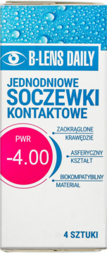 B-Lens Daily jednodniowe soczewki kontaktowe -4.00, białe opakowanie z niebieskim logotypem, widok z przodu.