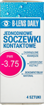 B-Lens Daily jednodniowe soczewki kontaktowe o mocy -3.75, w białym pudełku, widok z przodu.