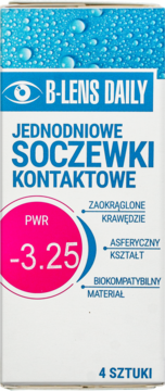 Białe opakowanie soczewek B-Lens Daily -3.25, 4 sztuki, widok z przodu z niebieskim napisem i grafiką.