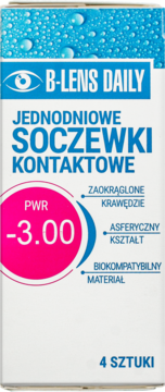 Białe opakowanie soczewek B-Lens Daily -3.00, jednodniowe, z niebieskim nagłówkiem i różowym kółkiem mocy.