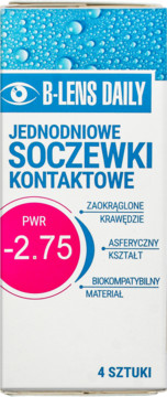 Białe opakowanie soczewek B-Lens Daily, jednodniowych, z mocą -2.75. Widoczne 4 sztuki, asferyczny kształt i zaokrąglone krawędzie.