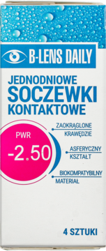Białe opakowanie B-Lens Daily jednodniowych soczewek kontaktowych -2.50 z kroplami wody, 4 sztuki.