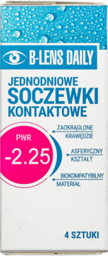 B-Lens Daily jednodniowe soczewki kontaktowe, moc -2.25, białe opakowanie z niebieską górą, widok z przodu.