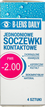 B-Lens Daily jednodniowe soczewki kontaktowe, białe pudełko z niebieskimi detalami, moc -2.00, 4 sztuki.
