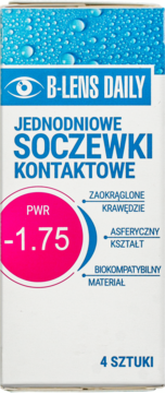 Białe opakowanie jednodniowych soczewek B-Lens Daily PWR -1.75, z niebieskim logo i różowym okręgiem.