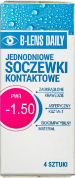 B-Lens Daily jednodniowe soczewki kontaktowe PWR -1.50, białe opakowanie z niebieskimi detalami, przód.
