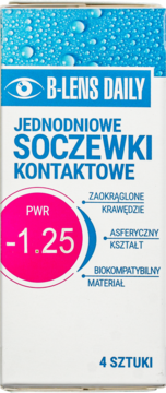 Białe pudełko soczewek B-Lens Daily jednodniowych -1.25, z niebieskim logo i różową etykietą mocy, widok z przodu.