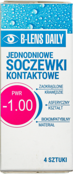 Białe pudełko soczewek B-Lens Daily, jednodniowe, moc -1.00. Niebiesko-różowe detale, asferyczne, 4 szt.