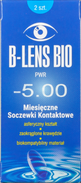Niebieskie opakowanie miesięcznych soczewek B-lens Bio, moc -5.00, 2 sztuki, widok z przodu.