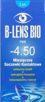 Niebieskie opakowanie miesięcznych soczewek kontaktowych B-LENS BIO o mocy -4.50, 2 sztuki, widok z przodu.