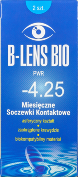 Niebieskie pudełko soczewek B-LENS BIO PWR -4.25, miesięczne, 2 szt., asferyczne, widok z przodu.