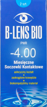 B-LENS BIO miesięczne soczewki kontaktowe -4.00, 2 szt., niebieskie pudełko z logo oka, widok z przodu.