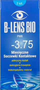 Niebieskie pudełko miesięcznych soczewek kontaktowych B-Lens Bio PWR -3.75, 2 sztuki, z kroplami wody.