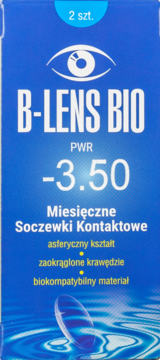 Pudełko niebieskich soczewek B-Lens Bio -3.50, miesięczne, 2 szt., z ikoną oka i motywem wody na froncie.