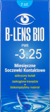 Niebieskie pudełko soczewek kontaktowych B-LENS BIO, miesięczne, moc -3.25, widok z przodu.