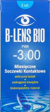 Niebieskie opakowanie soczewek B-LENS BIO -3.00, miesięczne, z białym logo oka i napisem 2 szt.
