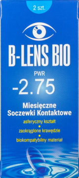 Niebieskie opakowanie soczewek B-LENS BIO, z logo oka i mocą -2.75, opis miesięczne, 2 szt.