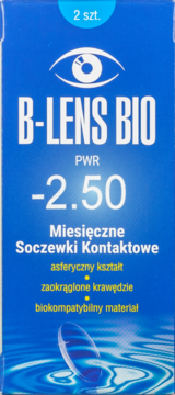 Niebieskie opakowanie soczewek B-Lens Bio miesięcznych, moc -2.50, widok z przodu, 2 sztuki.