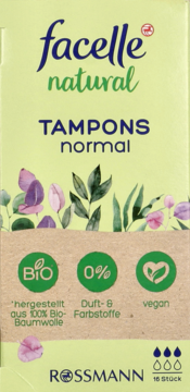 Zielone opakowanie tamponów Facelle Natural Normal, widok z przodu. Z organicznej bawełny, wegańskie, bez zapachów i barwników.