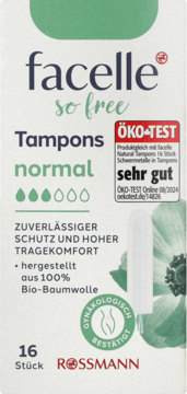 Białe opakowanie tamponów Facelle Normal z zielonymi napisami, test ÖKO-TEST 'sehr gut', 100% bawełny organicznej.