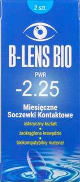 Niebieskie opakowanie B-LENS BIO miesięcznych soczewek kontaktowych -2.25, 2 szt., z okiem i soczewką.