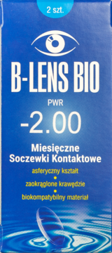 Niebieskie opakowanie soczewek B-lens Bio -2.00, miesięczne, 2 szt., z logo oka i soczewką w wodzie.