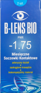 Niebieskie opakowanie soczewek B-Lens Bio, moc -1.75, miesięczne, 2 szt. Widok przód.