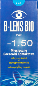 Niebieskie opakowanie soczewek B-LENS BIO -1.50, 2 szt., z logo oka i falami wody, widok z przodu.