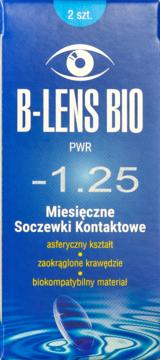 Opakowanie miesięcznych soczewek kontaktowych B-LENS BIO, niebieskie pudełko, PWR -1.25, 2 sztuki.
