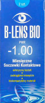 Niebieskie pudełko soczewek kontaktowych B-LENS BIO miesięcznych, PWR -1.00, z widocznym okiem.