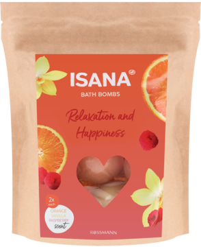 ISANA BATH BOMBS Relaxation and Happiness, pomarańczowa saszetka z owocami i sercem-okienkiem.