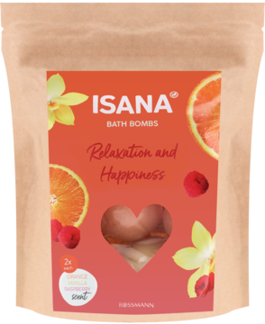 ISANA BATH BOMBS Relaxation and Happiness, pomarańczowa saszetka z owocami i sercem-okienkiem.