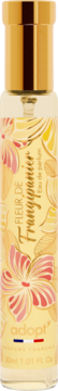 Adopt' Fleur de Frangipanier woda perfumowana 30ml, przezroczysta butelka ze złotą nakrętką, kwiatowy wzór, przód.
