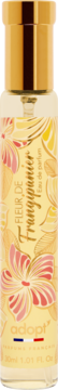 Adopt' Fleur de Frangipanier woda perfumowana 30ml, przezroczysta butelka ze złotą nakrętką, kwiatowy wzór, przód.