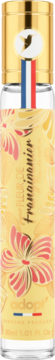 Adopt' Fleur de Frangipanier woda perfumowana, butelka z letnim wzorem różowych kwiatów na żółtym tle.