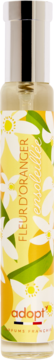 Adopt Fleur d'Oranger Ensoleillee perfumy w żółtej butelce z pomarańczowymi kwiatami i srebrną zakrętką, widok z przodu.