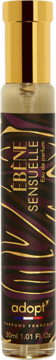 Flakon perfum Adopt' L'ÉBÈNE SENSUELLE 30ml, ciemna butelka z purpurowo-złotymi paskami, złota nakrętka, widok z przodu.