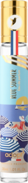 Adopt' Blue Summer woda perfumowana, butelka z gold capem i letnią ilustracją plaży z parasolami.
