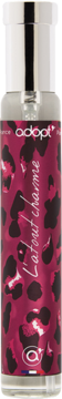 Adopt L'Atout Charme woda perfumowana w cylindrycznej butelce fuksji z czarnym leopardem, srebrna góra, widok z przodu.