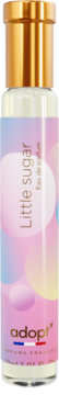 Adopt' Little Sugar Eau de Parfum, clear bottle, "Little sugar" on gradient pastel label, golden cap, front view.