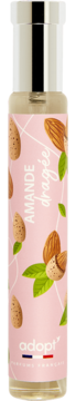 Adopt' Amande Dragee woda perfumowana, przezroczysta butelka z różową etykietą i ilustracją migdałów, widok z przodu.