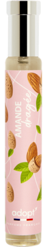 Adopt' Amande Dragee woda perfumowana, przezroczysta butelka z różową etykietą i ilustracją migdałów, widok z przodu.