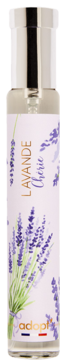 Adopt Lavande Cherie perfumy, wysoka butelka z lawendowym wzorem i srebrną nakrętką, widok z przodu.