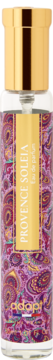 Perfumy adopt Provence Soleia eau de parfum, złota nakrętka, butelka z różowym paisley wzorem, widok z przodu.