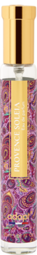 Perfumy adopt Provence Soleia eau de parfum, złota nakrętka, butelka z różowym paisley wzorem, widok z przodu.