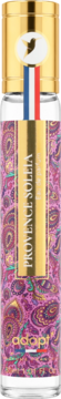 Perfumy Adopt Provence Soleia, butelka z fioletowym wzorem paisley, złotą etykietą i nakrętką z flagą Francji.