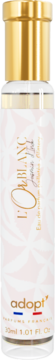 Perfumy Adopt L'Or Blanc 30ml w białej butelce ze złotą nakrętką. Frontalny widok na etykietę ze wzorem.