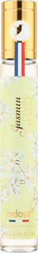 Adopt Jasmin Divin woda perfumowana. Smukła butelka z złotą nakrętką, etykietą z kwiatami jaśminu i flagą Francji.