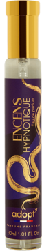 Perfumy Adopt' Encens Hypnotique 30ml, pionowa butelka z fioletową etykietą i złotym wężem, widok z przodu.